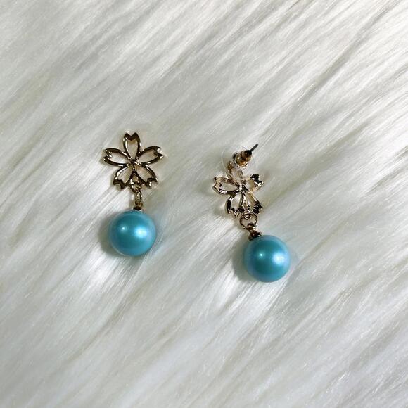 Blue Cherry Blossom Sakura Pearl Bead Gold Plated Stud Earrings Dangle Earring - Picture 2 of 2